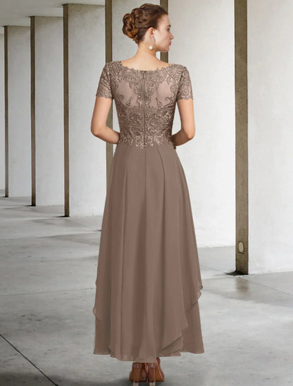 A-Line Mother of the Bride Dress Plus Size Elegant V Neck Ankle Length Chiffon Lace Short Sleeve Appliques