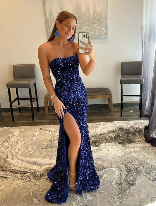 Party Dresses Sparkle Shine Dress Formal Evening Sleeveless Strapless Sequined with Slit
