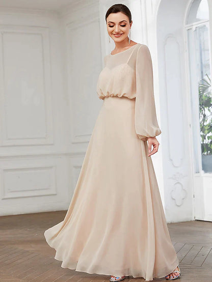 A-Line Prom Dresses Wedding Guest Floor Length Long Sleeve Chiffon with Buttons