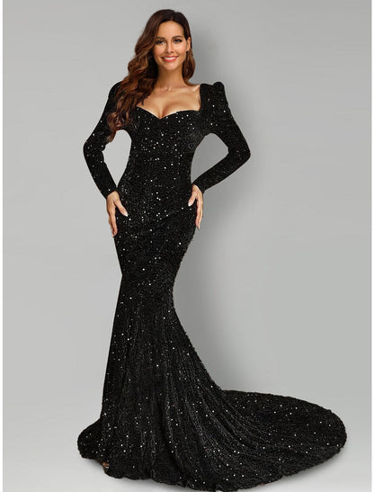 Evening Gown Black Dress Formal Court Train Long Sleeve Square Neck Sequined