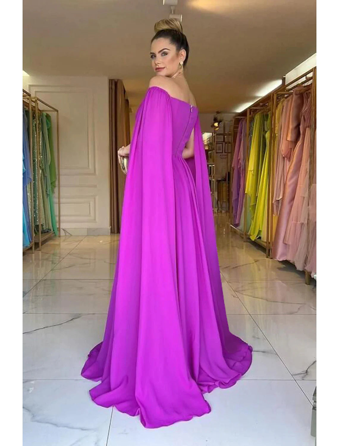 A-Line Evening Gown Elegant Dress Formal Sweep / Brush Train Sleeveless Off Shoulder Capes Chiffon with Pleats