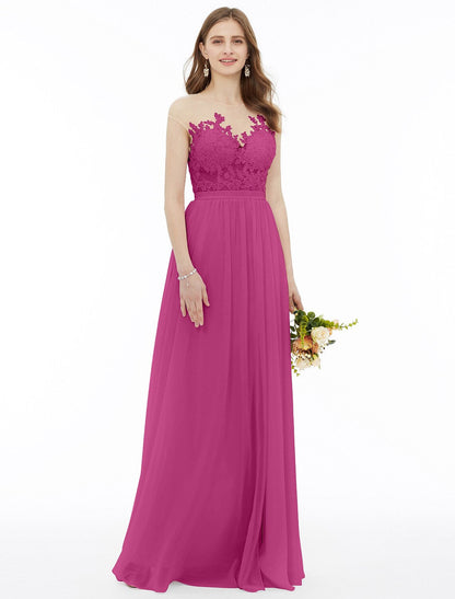 A-Line Bridesmaid Dress Sleeveless Floor Length Chiffon Floral Lace Sash Ribbon Appliques