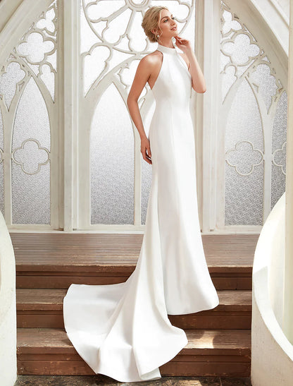 Bridal Casual Open Back Wedding Dresses Satin With Pleats