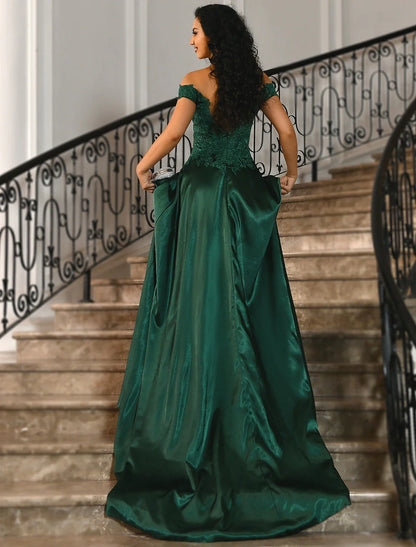 A-Line Elegant High Split Prom Formal Evening Dress Off Shoulder Short Sleeve Lace with Slit Appliques