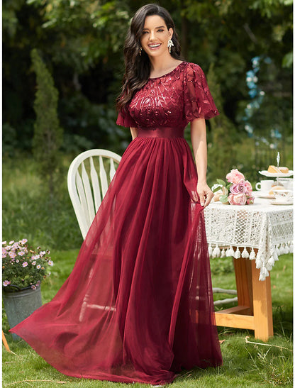 A-Line Prom Dresses Vintage Dress Prom Floor Length Short Sleeve Jewel Neck Tulle with Sequin Ruffles Appliques