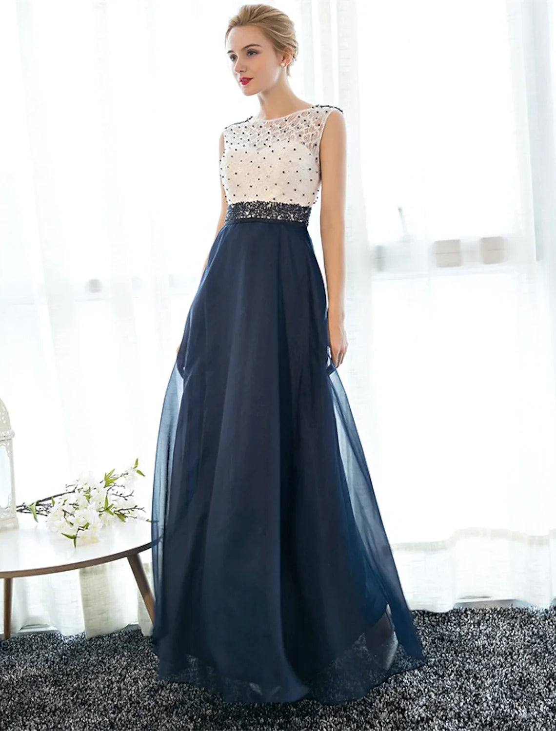 A-Line Beautiful Back Elegant Beaded & Sequin Prom Formal Evening Dress Illusion Neck Sleeveless Floor Length Tulle Over Lace with Beading