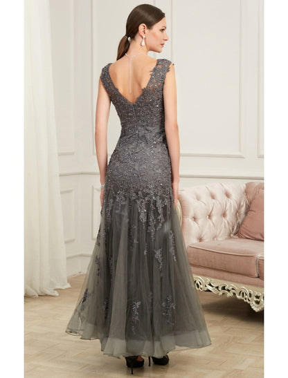 Evening Gown Elegant Dress Party Floor Length Sleeveless V Neck Sequin Appliques