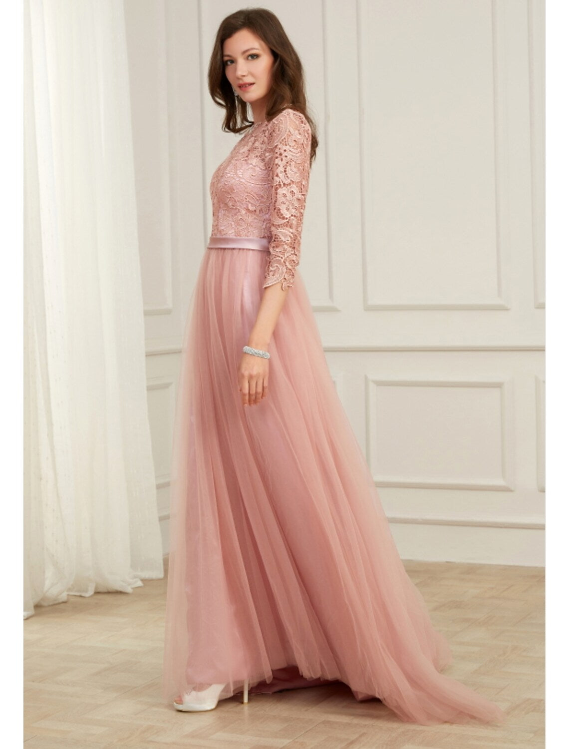 A-Line Evening Gown Spring Dress Party Long Sleeve Lace with Appliques