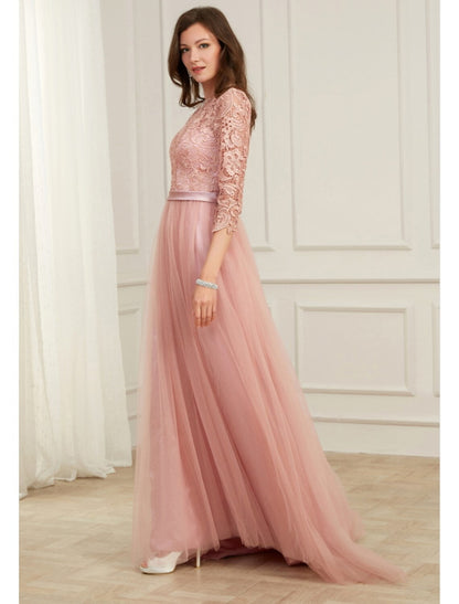 A-Line Evening Gown Spring Dress Party Long Sleeve Lace with Appliques