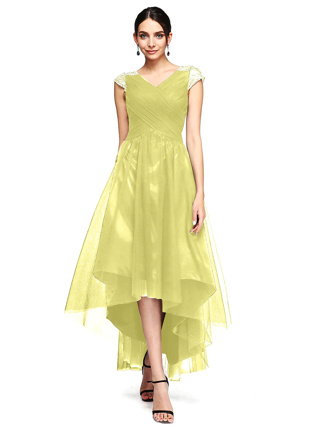 A-Line Special Occasion Dresses Open Back Dress Wedding Guest Asymmetrical Short Sleeve V Neck Tulle with Criss Cross Beading