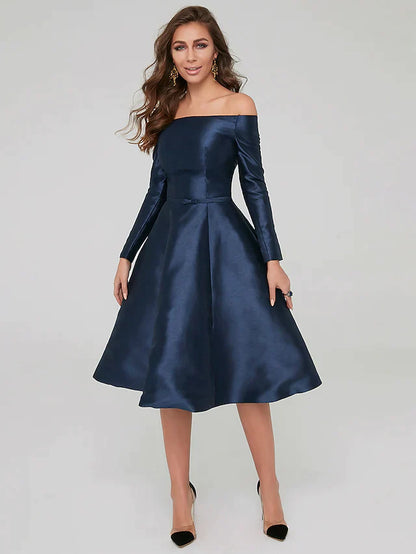 A-Line Dresses Party Dress Wedding Knee Length Long Sleeve Off Shoulder Satin with Pleats