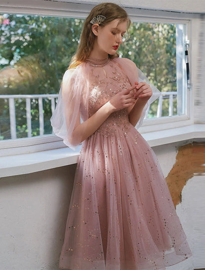 A-Line Cocktail Dresses Party Dress Engagement Knee Length 3/4 Length Sleeve Jewel Neck Tulle with Sequin Appliques