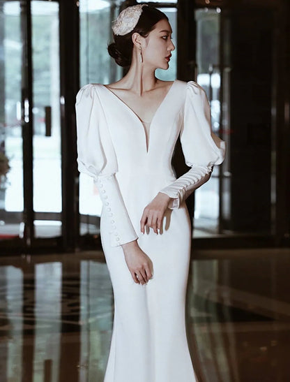 Casual Wedding Dresses Long Sleeve V Neck Stretch Fabric Buttons