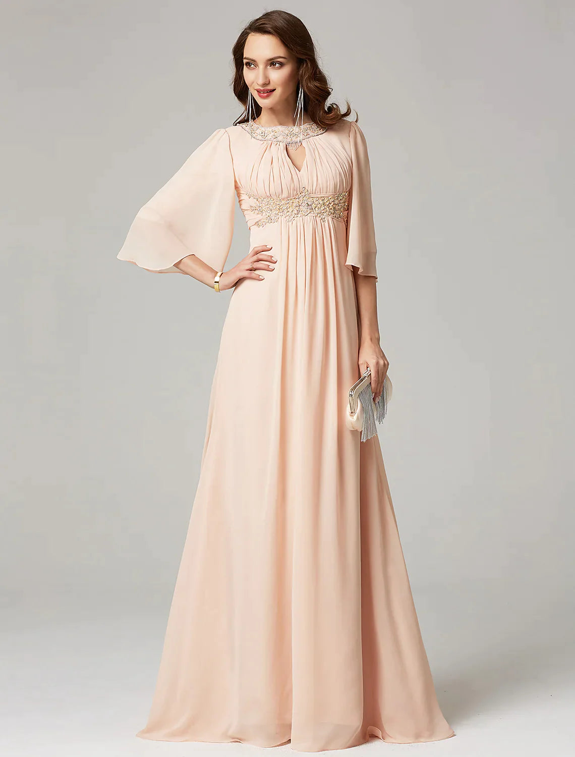 A-Line Evening Dresses Elegant Dress Wedding Half Sleeve Jewel Neck Chiffon with Beading Draping