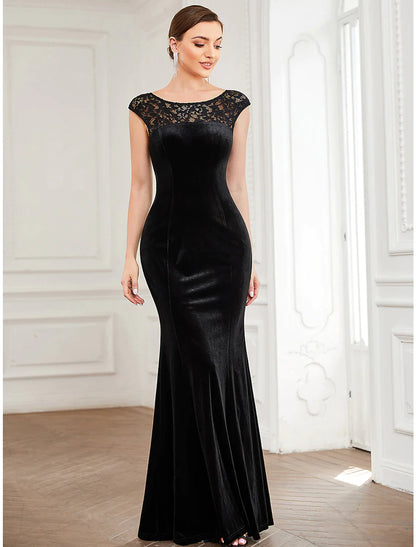 Evening Gown Elegant Dress Formal Floor Length Short Sleeve Velvet Lace Insert