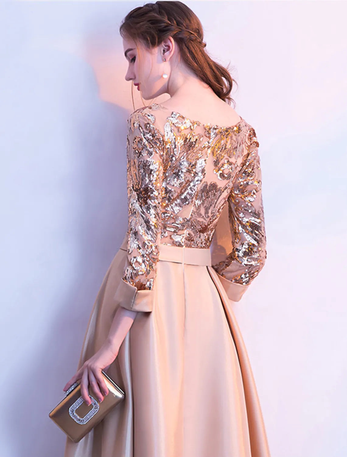 A-Line Glittering Elegant Prom Formal Evening Dress Satin with Sequin