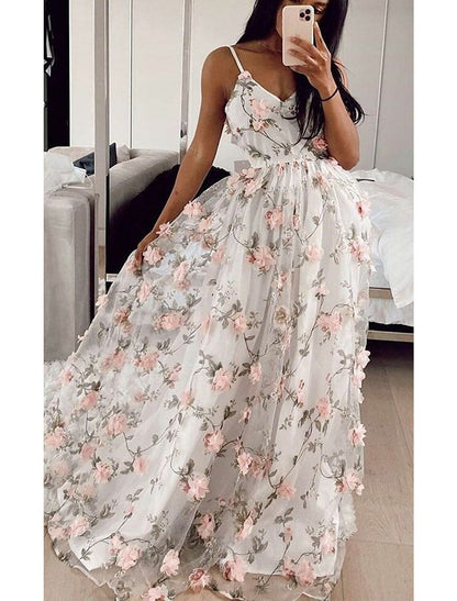 A-Line Prom Dresses Floral Dress Formal Floor Length Sleeveless V Neck Lace with Floral Print